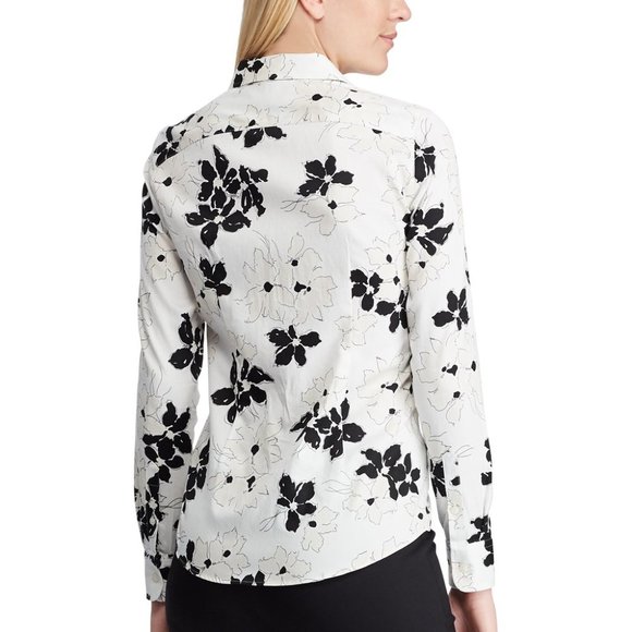 Women's Chaps No-Iron Black & White Floral Button-Down Shirt Top Size Small EUC - Picture 2 of 6